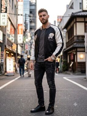 Skull and Cherry Blossom Black White Embroidered Bomber Souvenir Jacket Size M